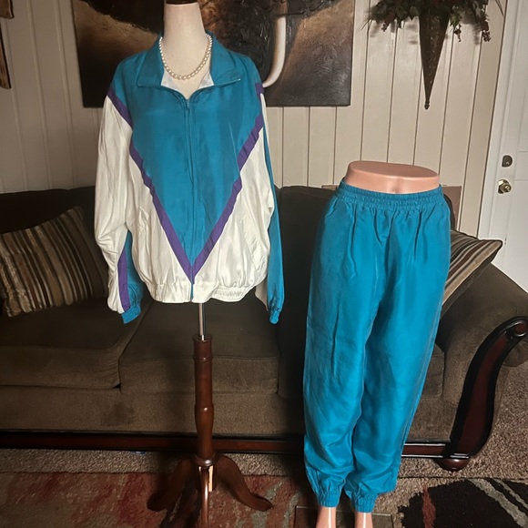Naked Silk • Large • Turquoise/White • Silk • Jacket & Pants Set • Tracksuit - Picture 4 of 16